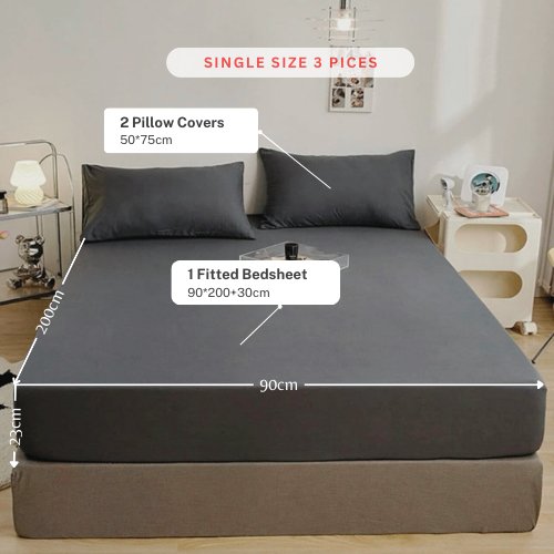 3 Pieces Fitted Bedsheet Set, Plain Black Color, Various Sizes