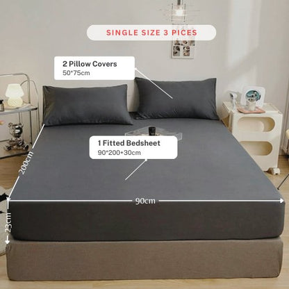3 Pieces Fitted Bedsheet Set, Plain Black Color, Various Sizes