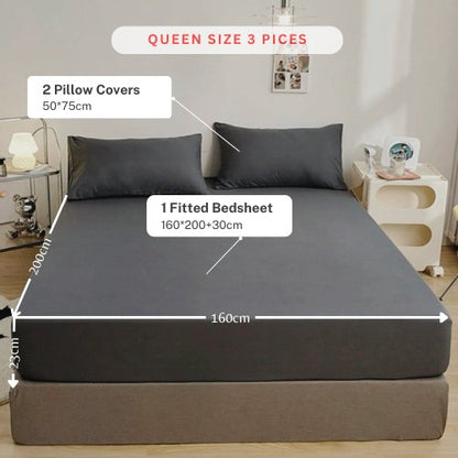 3 Pieces Fitted Bedsheet Set, Plain Black Color, Various Sizes