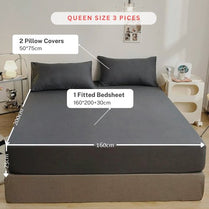 3 Pieces Fitted Bedsheet Set, Plain Black Color, Various Sizes