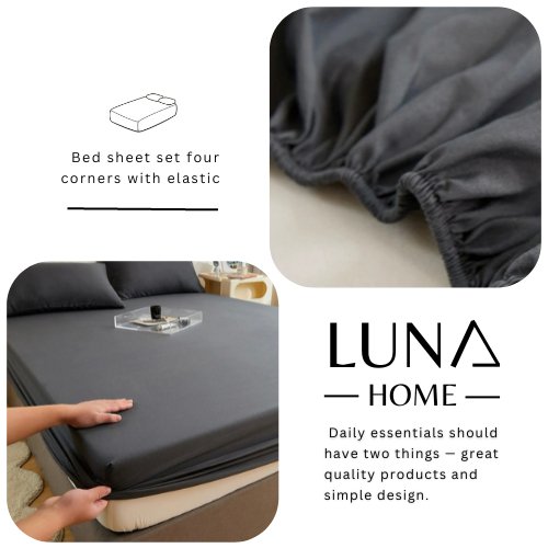 3 Pieces Fitted Bedsheet Set, Plain Black Color, Various Sizes