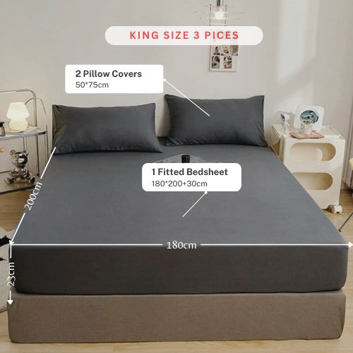 3 Pieces Fitted Bedsheet Set, Plain Black Color, Various Sizes