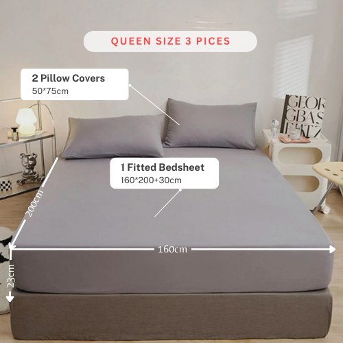 3 Pieces Fitted Bedsheet Set Plain Gray Color, Various Sizes by 5 | Souqify
