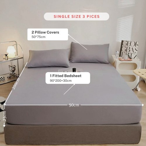 3 Pieces Fitted Bedsheet Set Plain Gray Color, Various Sizes by 5 | Souqify