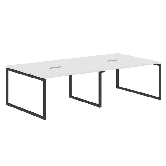 RECTANGULAR SHAPE CLUSTER OF 04 WORKSTATION MADE IN 25MM MFC TOP, E1 LAMINATE CHIPBOARD WITH WOODEN MODESTY PANEL 40X40MM METAL O SHAPE FRAMES