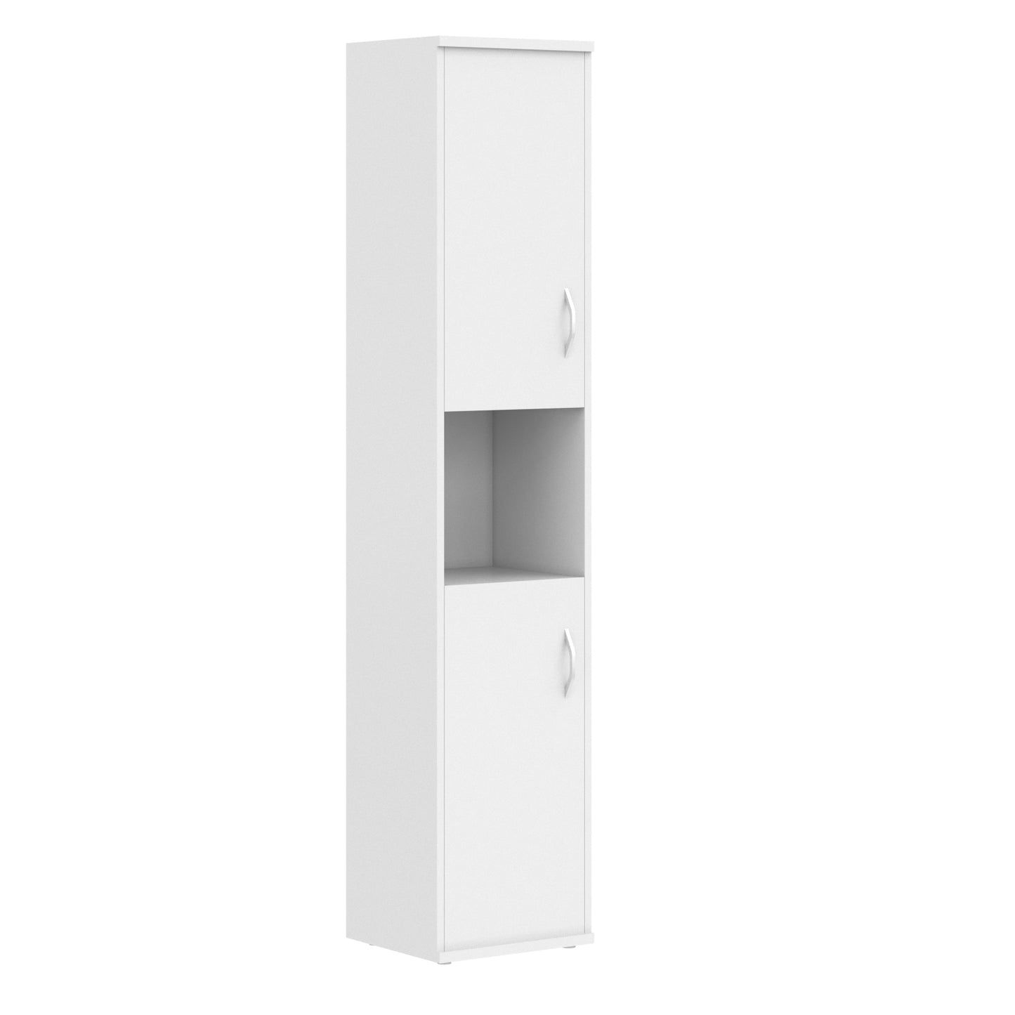 FULL HEIGHT CABINET, MADE IN E1 LAMINATE CHIPBOARD, WITH WOODEN SWING DOORS AND OPEN SHELF