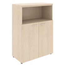 MEDIUM HEIGHT CABINET, MADE IN E1 LAMINATE CHIPBOARD, WITH OPEN SHALF AND WOODEN SWING DOORS