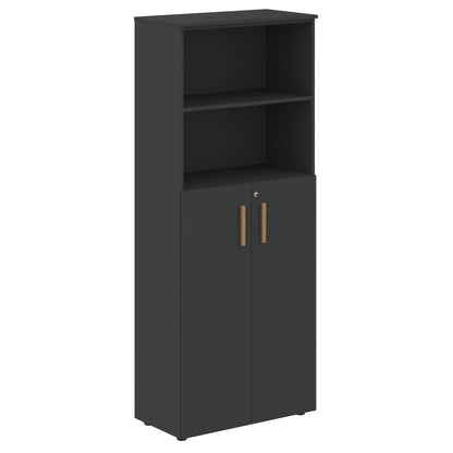 EXECUTIVE FULL HEIGHT CABINET, MADE IN E1 LAMINATE CHIPBOARD, WITH OPEN SHELVES AND WOODEN SWING DOORS