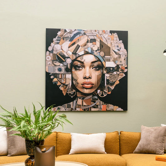 Artistic wall piece of a woman's face with geometric patterns in a living room.