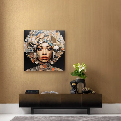 Artistic wall piece of a woman's face on a brown wall above a black console table with decorative items.