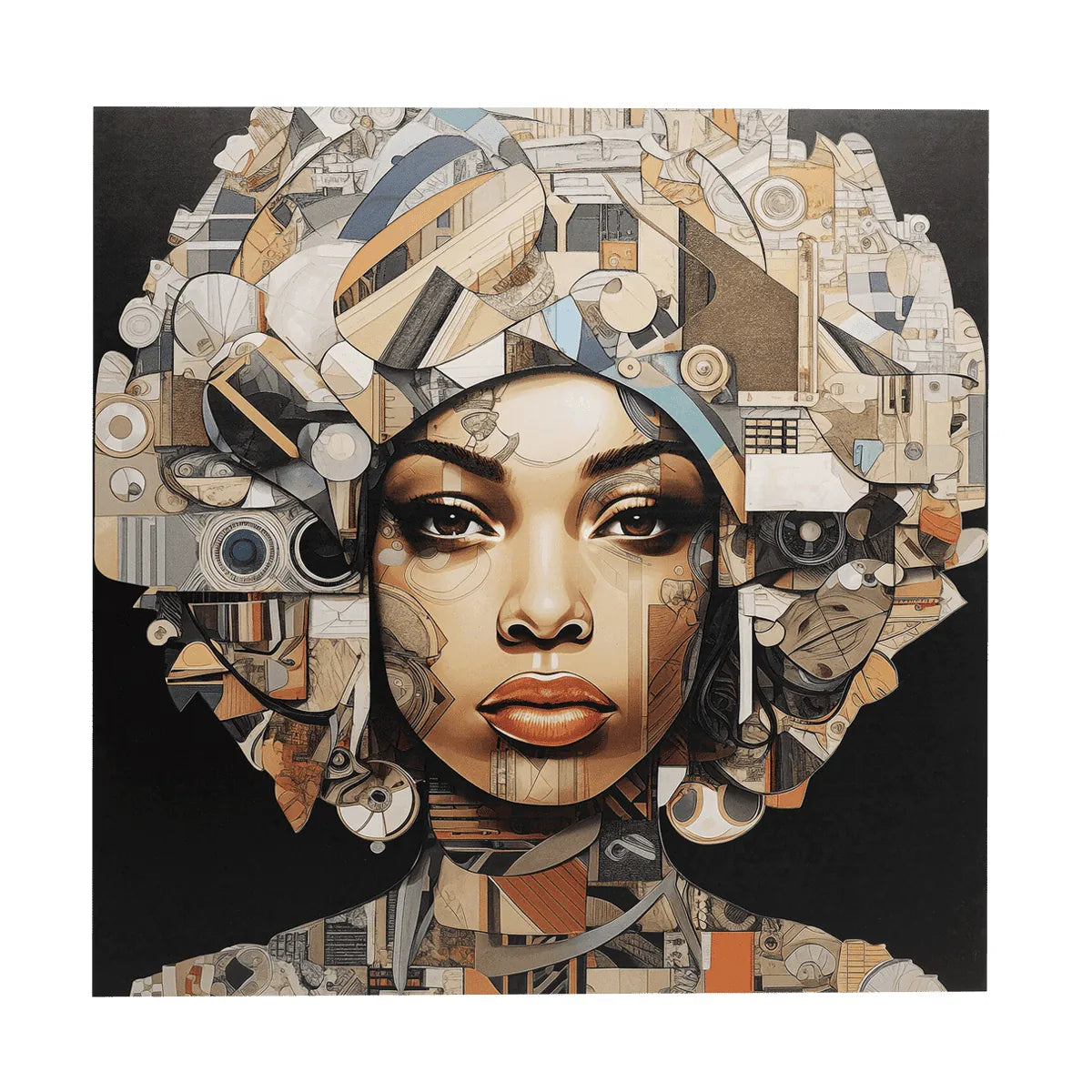 Artistic portrait of a woman with geometric, abstract patterns in the hair