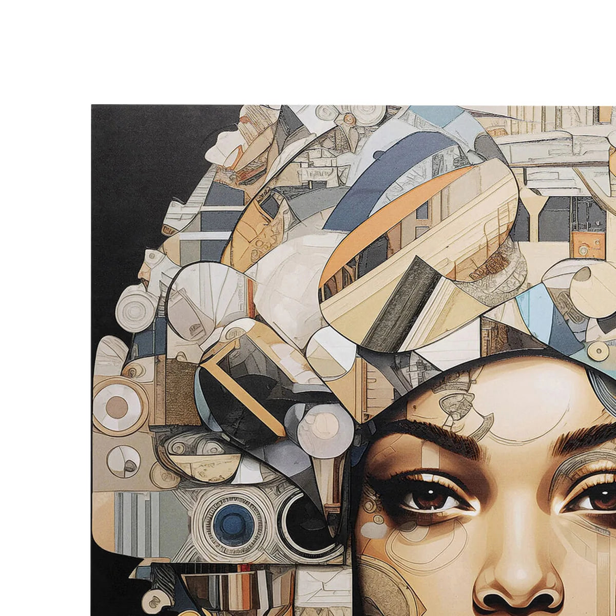 Artistic collage of a woman's face with geometric shapes and patterns