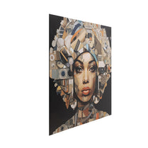 Artistic wall panel with a stylized portrait and geometric patterns on a black background