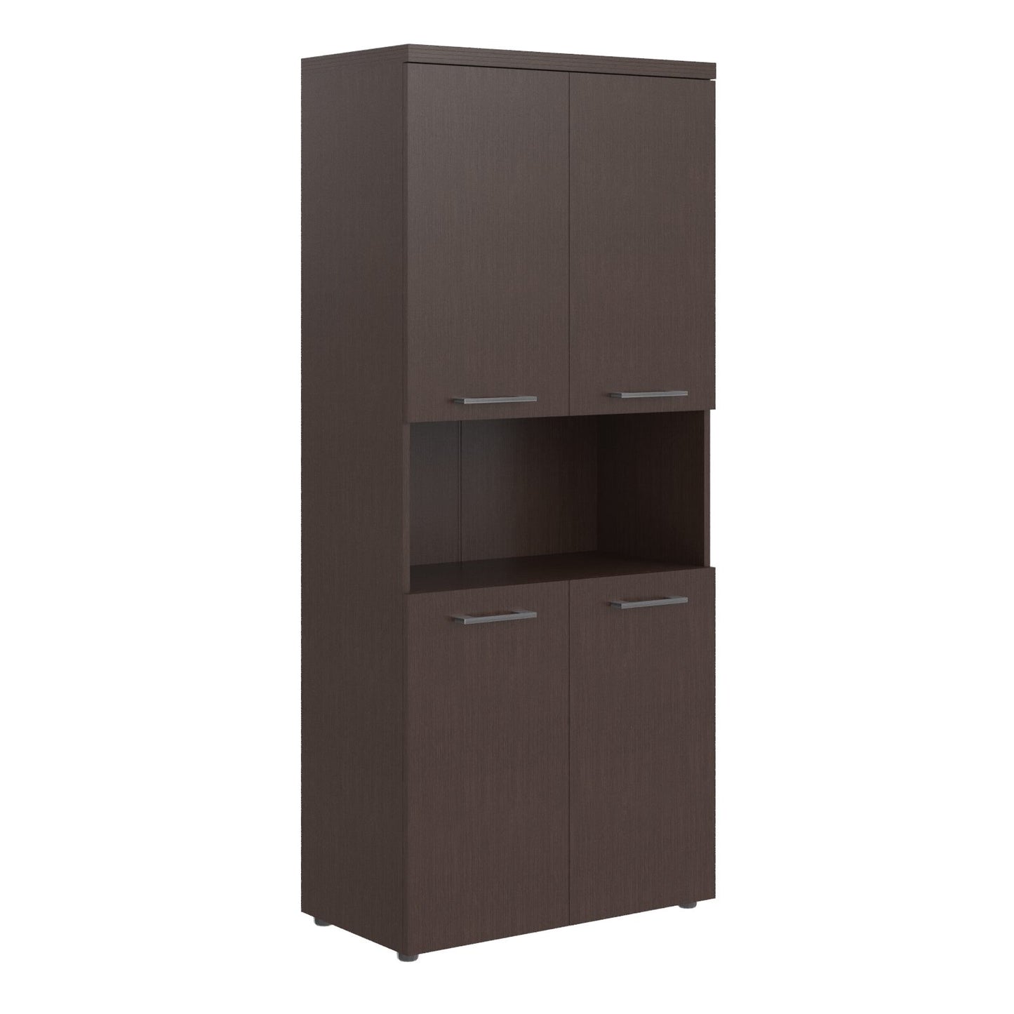 HIGH EXECUTIVE FULL HEIGHT CABINET MADE IN E1 LAMINATE CHIPBOARD WITH OPEN SHELVES, WOODEN SWING DOOR AND GLOSSY ACRYLIC 3D 2MM EDGES