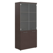 HIGH EXECUTIVE FULL HEIGHT CABINET MADE IN E1 LAMINATE CHIPBOARD WITH GLASS & WOODEN SWING DOOR AND GLOSSY ACRYLIC 3D 2MM EDGES