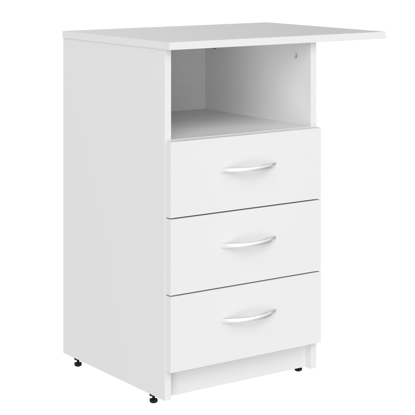 THREE DRAWER PEDESTAL WITH OPEN SHELF, MADE IN E1 LAMINATE CHIPBOARD