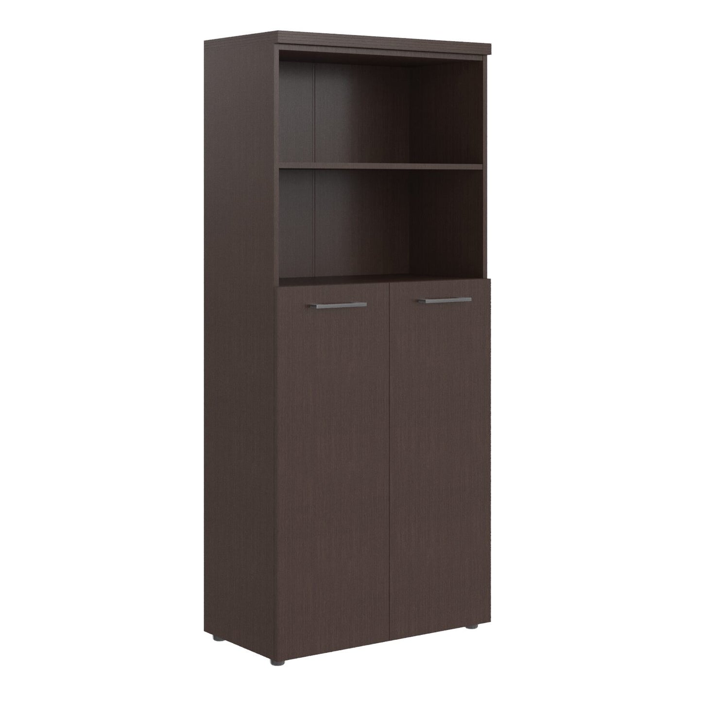HIGH EXECUTIVE FULL HEIGHT CABINET MADE IN E1 LAMINATE CHIPBOARD WITH OPEN SHELVES, WOODEN SWING DOOR AND GLOSSY ACRYLIC 3D 2MM EDGES