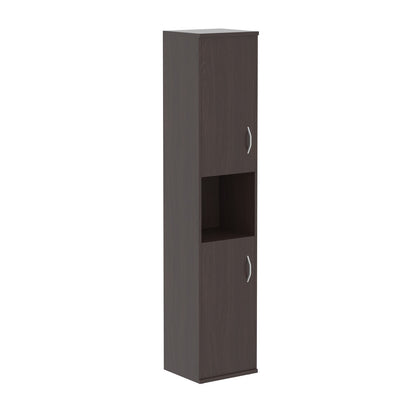 FULL HEIGHT CABINET, MADE IN E1 LAMINATE CHIPBOARD, WITH WOODEN SWING DOORS AND OPEN SHELF