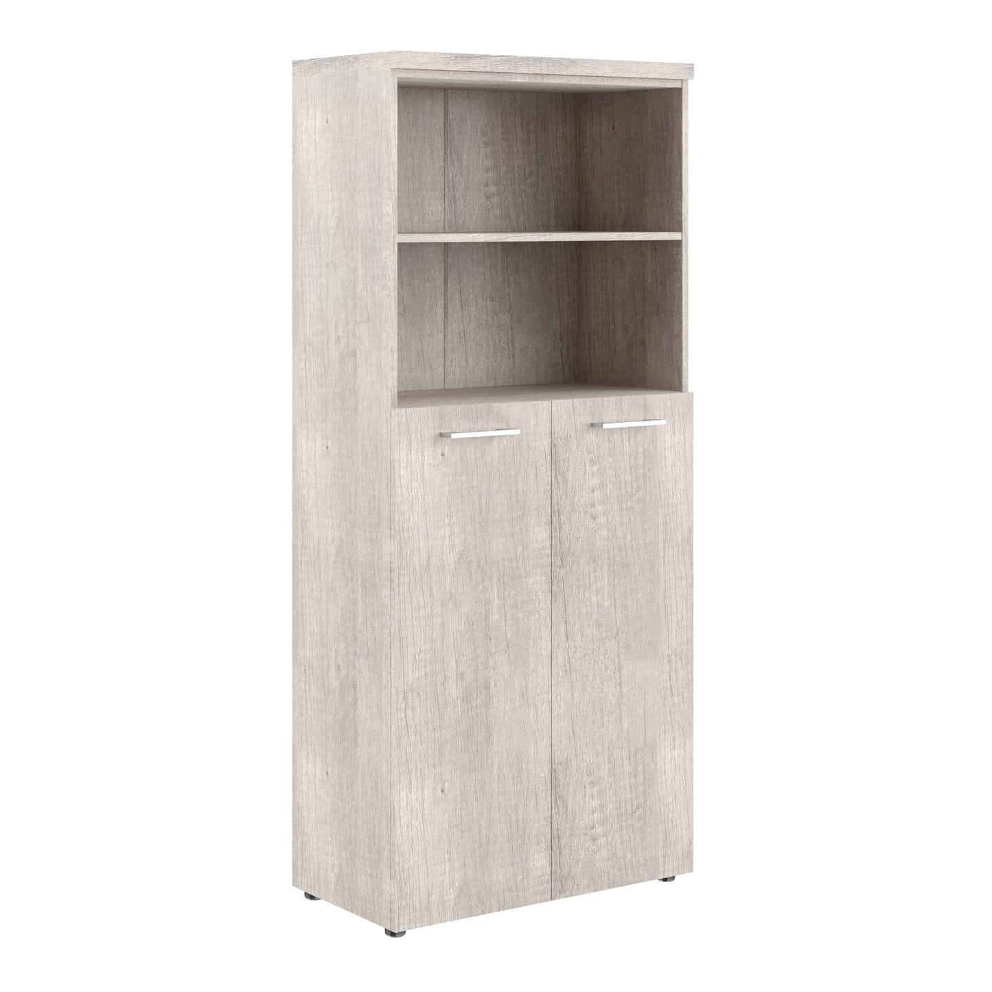 HIGH EXECUTIVE FULL HEIGHT CABINET MADE IN E1 LAMINATE CHIPBOARD WITH OPEN SHELVES, WOODEN SWING DOOR AND GLOSSY ACRYLIC 3D 2MM EDGES