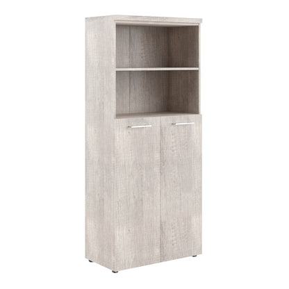 HIGH EXECUTIVE FULL HEIGHT CABINET MADE IN E1 LAMINATE CHIPBOARD WITH OPEN SHELVES, WOODEN SWING DOOR AND GLOSSY ACRYLIC 3D 2MM EDGES