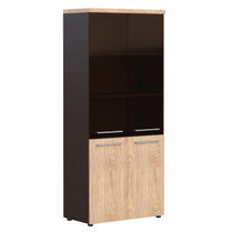 HIGH EXECUTIVE FULL HEIGHT CABINET, MADE IN E1 LAMINATE CHIPBOARD, WITH UPPER GLASS AND LOWER WOODEN SWING DOORS