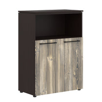 EXECUTIVE MEDIUM HEIGHT CABINET, MADE IN E1 LAMINATE CHIPBOARD, WITH UPPER OPEN SHELF AND LOWER WOODEN SWING DOORS