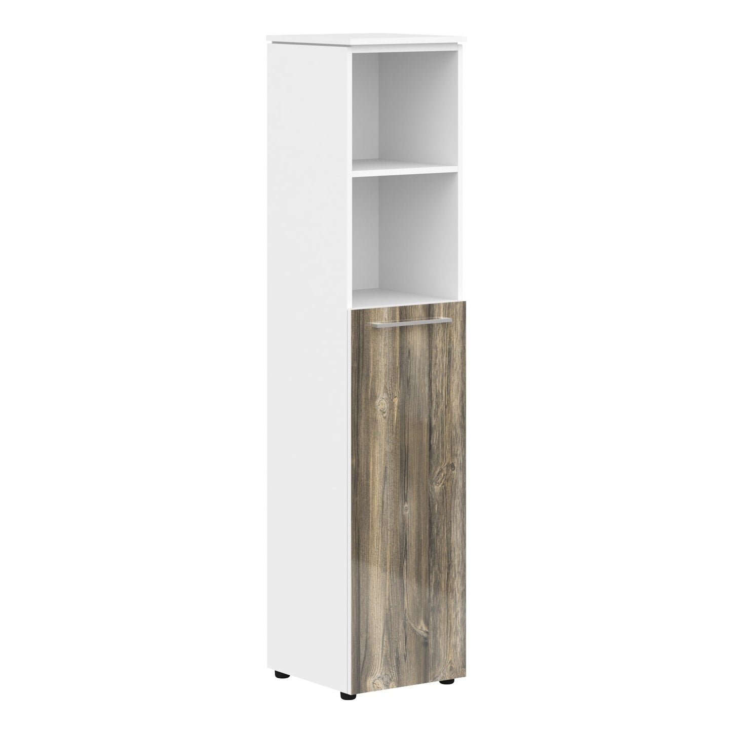 EXECUTIVE FULL HEIGHT CABINET, MADE IN E1 LAMINATE CHIPBOARD, WITH UPPER OPEN SHELVES AND LOWER WOODEN SWING DOOR