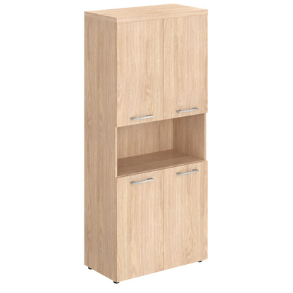 HIGH EXECUTIVE FULL HEIGHT CABINET MADE IN E1 LAMINATE CHIPBOARD WITH OPEN SHELVES, WOODEN SWING DOOR AND GLOSSY ACRYLIC 3D 2MM EDGES