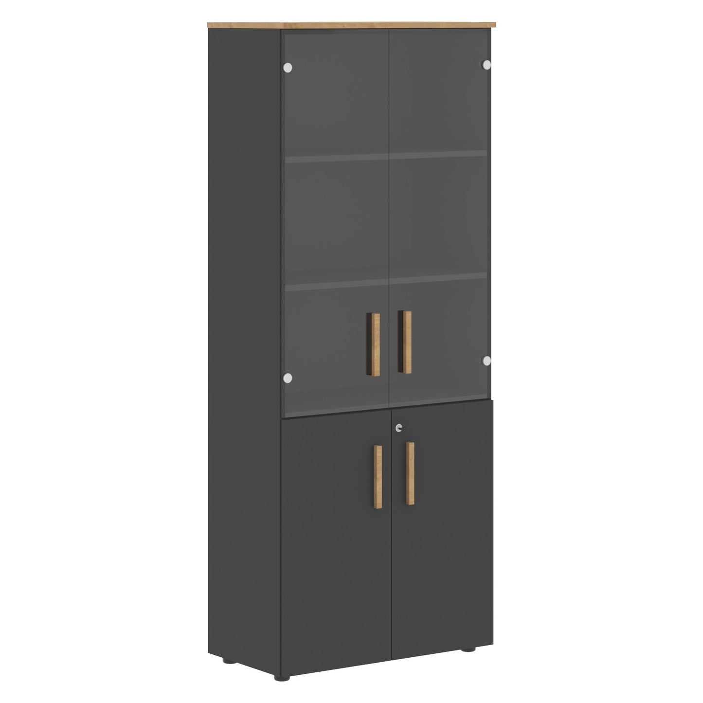 EXECUTIVE FULL HEIGHT CABINET, MADE IN E1 LAMINATE CHIPBOARD, WITH UPPER GLASS AND LOWER WOODEN SWING DOORS