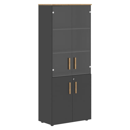 EXECUTIVE FULL HEIGHT CABINET, MADE IN E1 LAMINATE CHIPBOARD, WITH UPPER GLASS AND LOWER WOODEN SWING DOORS