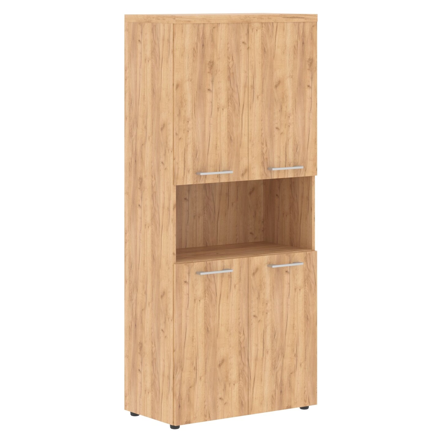 HIGH EXECUTIVE FULL HEIGHT CABINET MADE IN E1 LAMINATE CHIPBOARD WITH OPEN SHELVES, WOODEN SWING DOOR AND GLOSSY ACRYLIC 3D 2MM EDGES