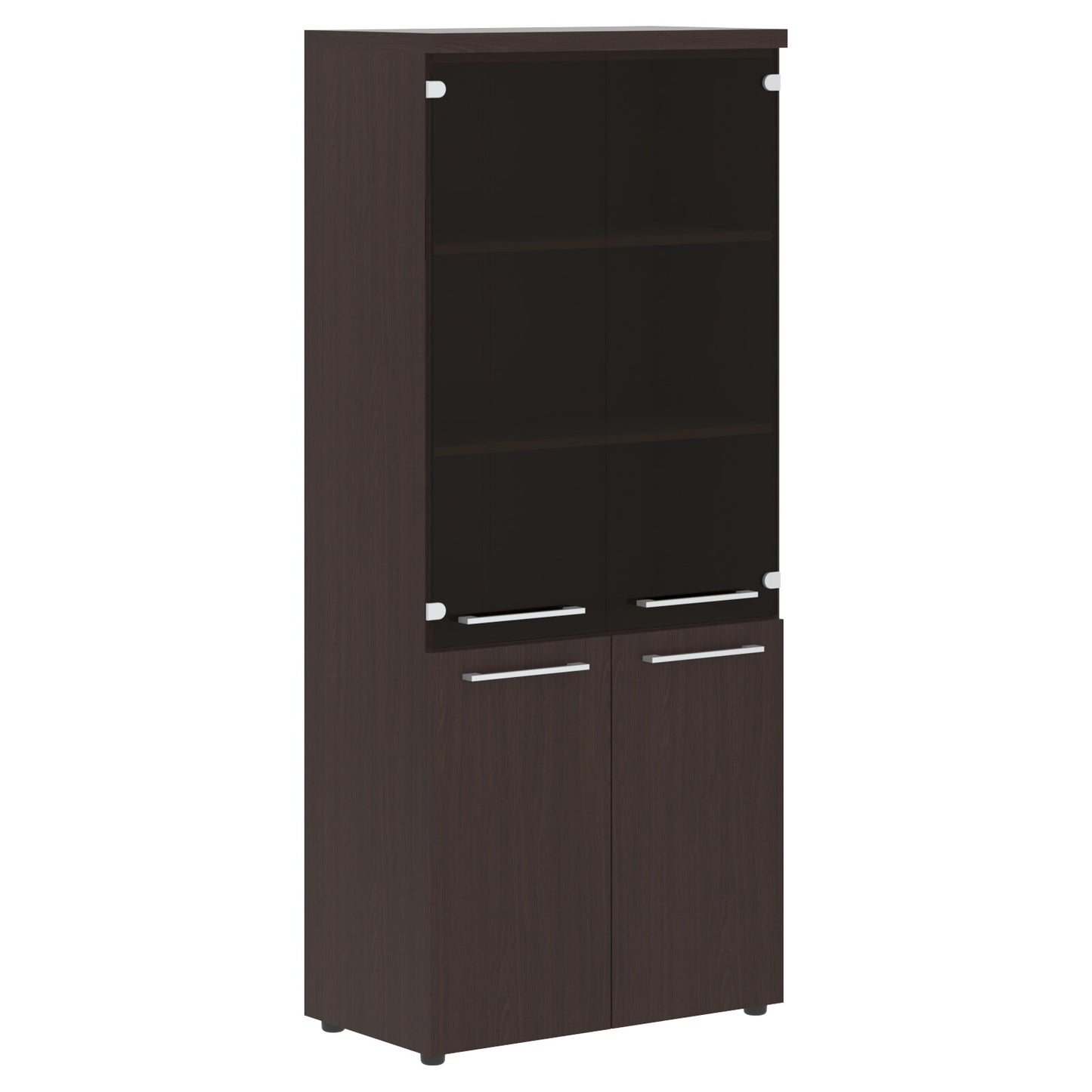 HIGH EXECUTIVE FULL HEIGHT CABINET, MADE IN E1 LAMINATE CHIPBOARD, WITH UPPER GLASS AND LOWER WOODEN SWING DOORS