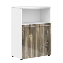 EXECUTIVE MEDIUM HEIGHT CABINET, MADE IN E1 LAMINATE CHIPBOARD, WITH UPPER OPEN SHELF AND LOWER WOODEN SWING DOORS