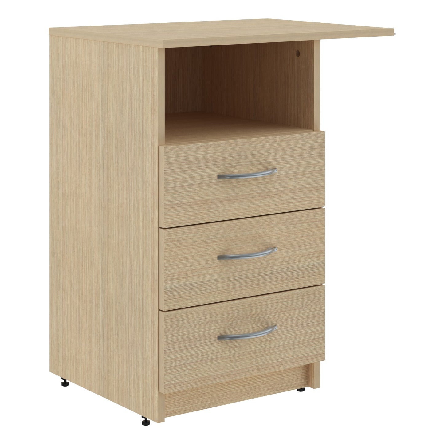 THREE DRAWER PEDESTAL WITH OPEN SHELF, MADE IN E1 LAMINATE CHIPBOARD