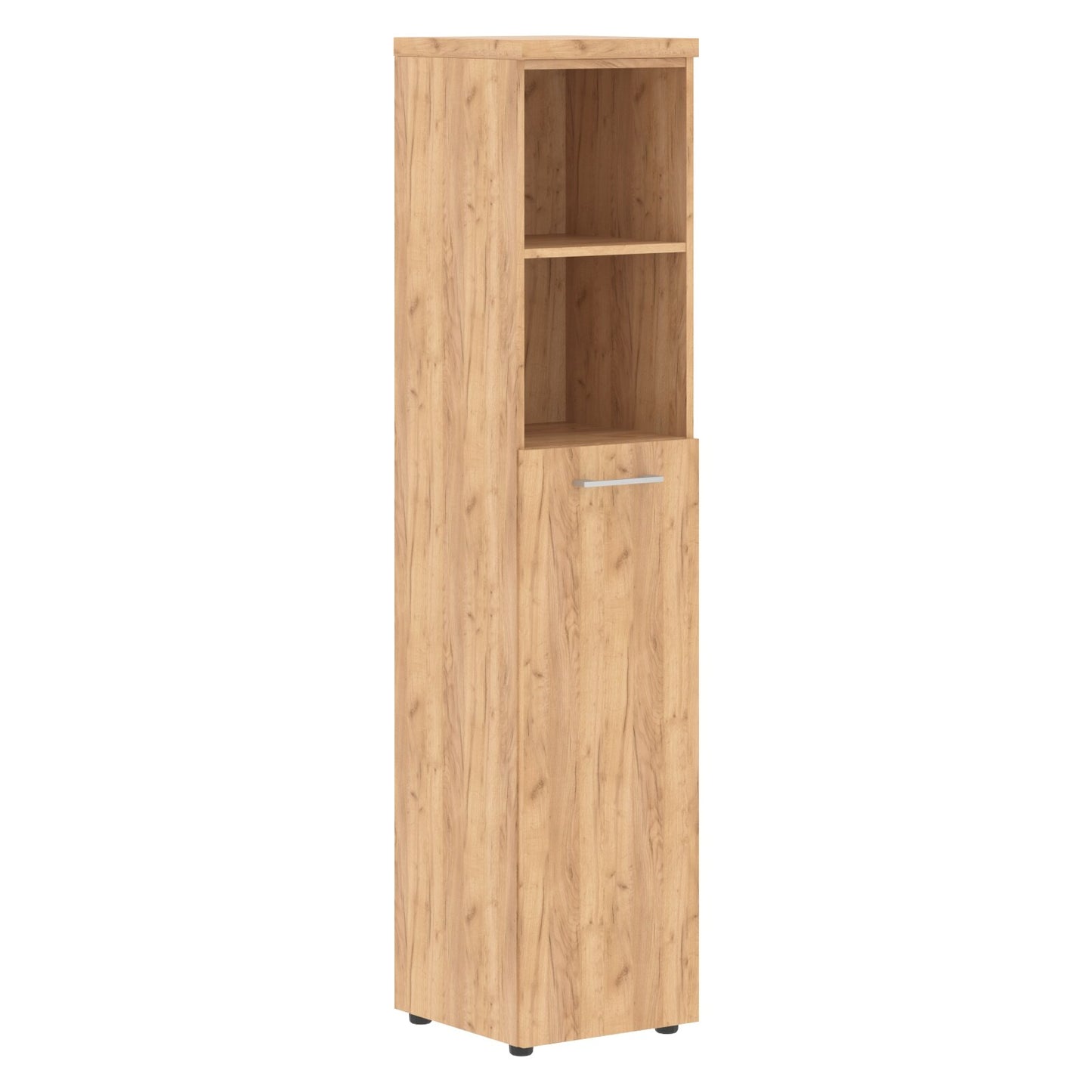 HIGH EXECUTIVE FULL HEIGHT CABINET MADE IN E1 LAMINATE CHIPBOARD WITH OPEN SHELVES, WOODEN SWING DOOR AND GLOSSY ACRYLIC 3D 2MM EDGES