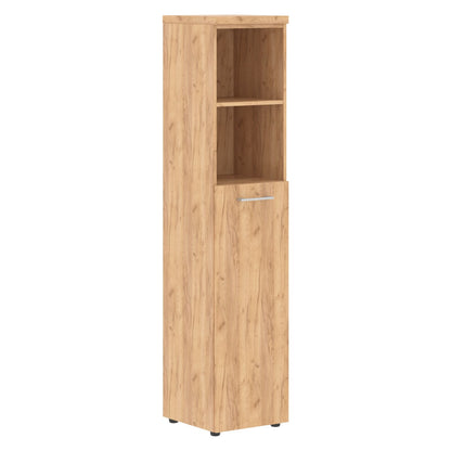HIGH EXECUTIVE FULL HEIGHT CABINET MADE IN E1 LAMINATE CHIPBOARD WITH OPEN SHELVES, WOODEN SWING DOOR AND GLOSSY ACRYLIC 3D 2MM EDGES