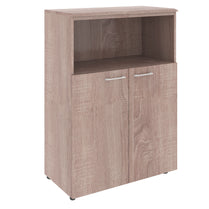 MEDIUM HEIGHT CABINET, MADE IN E1 LAMINATE CHIPBOARD, WITH OPEN SHALF AND WOODEN SWING DOORS