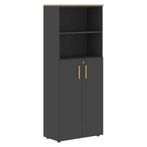 EXECUTIVE FULL HEIGHT CABINET, MADE IN E1 LAMINATE CHIPBOARD, WITH OPEN SHELVES AND WOODEN SWING DOORS