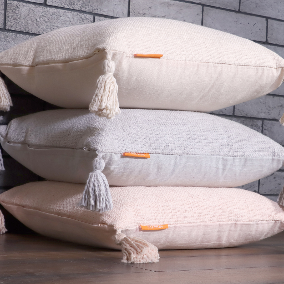 Cream  Cotton Throw cushion with Tassels 45 x 45 cm- Two Pieces