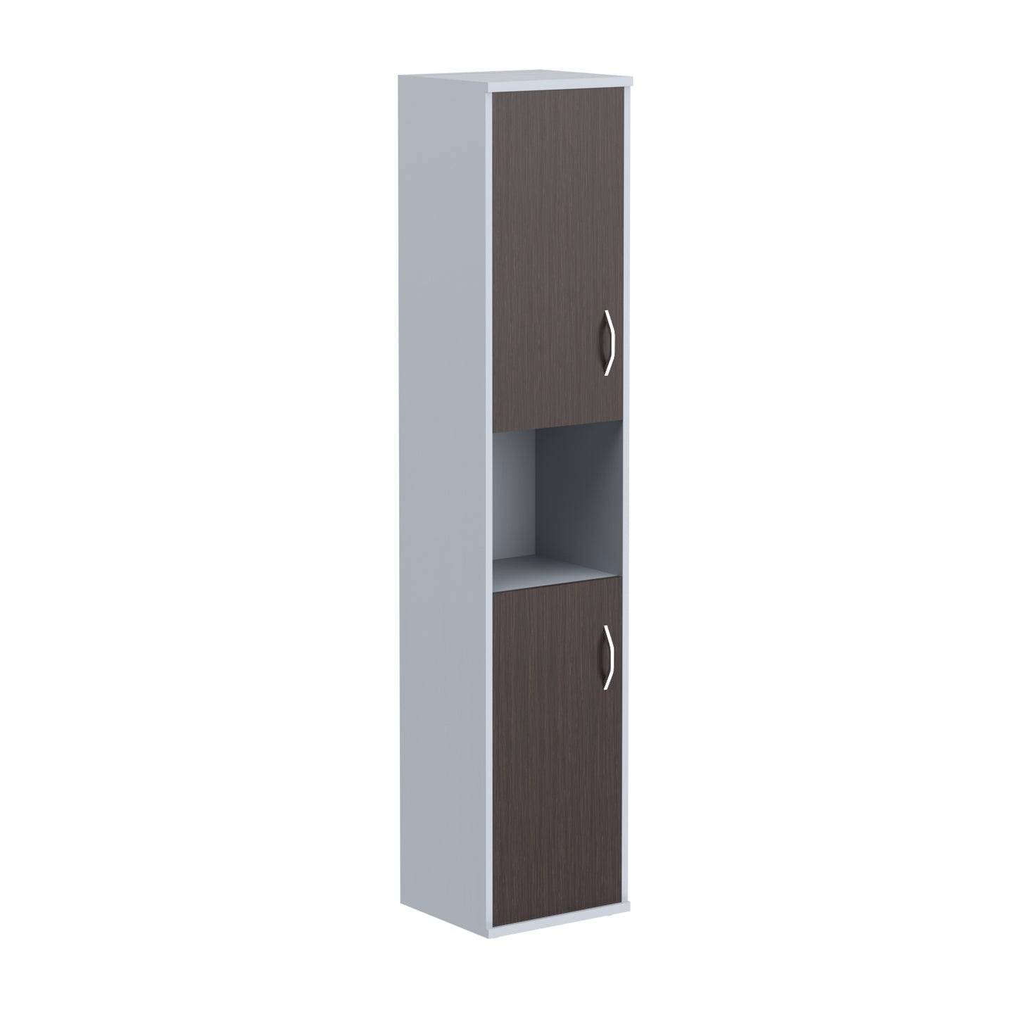 FULL HEIGHT CABINET, MADE IN E1 LAMINATE CHIPBOARD, WITH WOODEN SWING DOORS AND OPEN SHELF