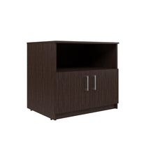 RECTANGULAR SHAPE CREDENZA MADE IN E1 LAMINATE CHIPBOARD WITH OPEN SHELF AND WOODEN SWING DOORS