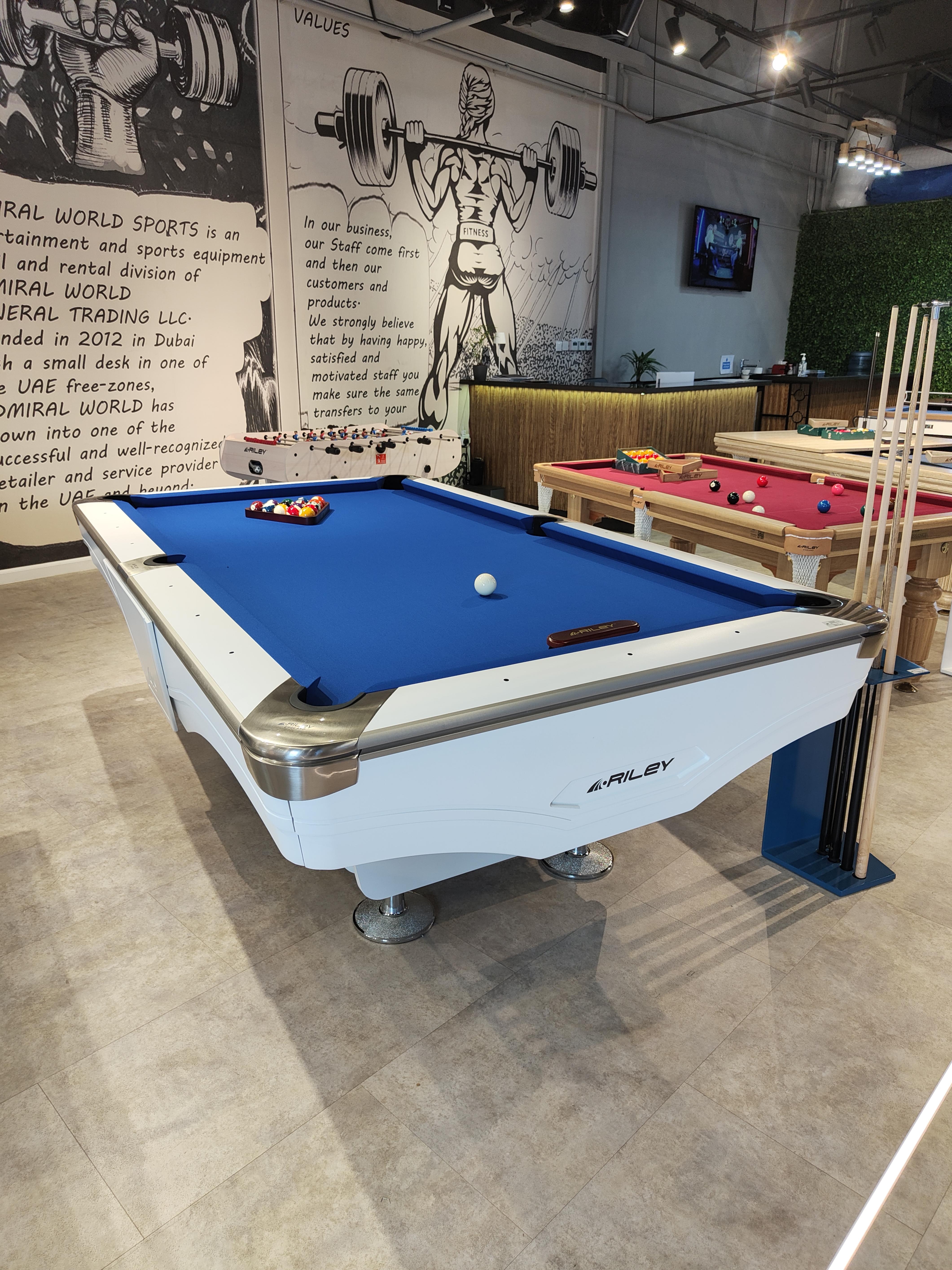 9ft Riley Ray Tournament American Pool Table – White/Royal Blue – Souqify