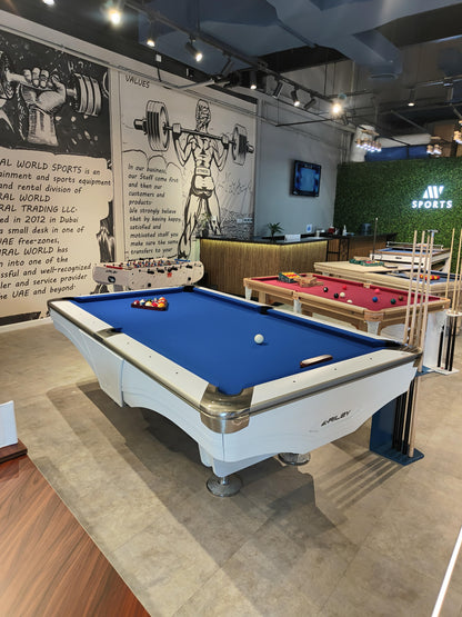9ft Riley Ray Tournament American Pool Table – White/Royal Blue Table Size: 291 x 164 x 79cm (H) | Room Size: 594 x 470cm by Admiral World Sports - RILEY | Souqify