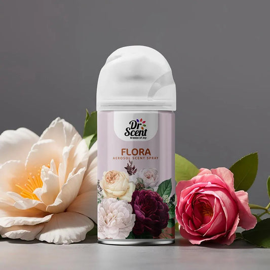 Dr. Scent Flora aerosol scene spray with flowers on a gray background