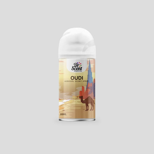 Dr. Scent OUDI aerosol scent spray on a gray background