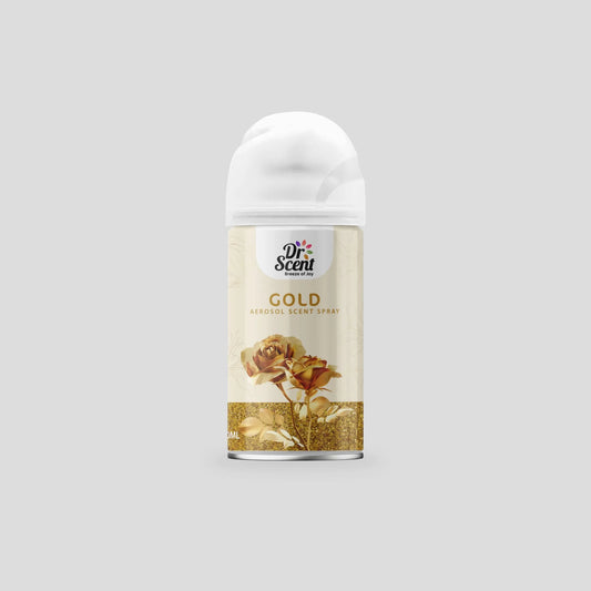 Dr. Scent Gold air freshener spray bottle on a light gray background