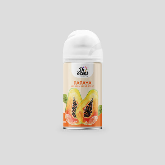 Dr. Scent Papaya air freshener spray on a gray background