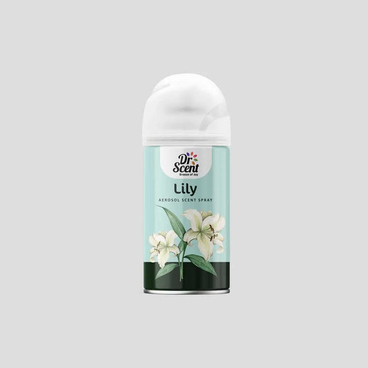 Dr. Scent Lily aerosol scented spray on a light gray background