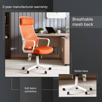 Orange office chair with features highlighted on a desk setup