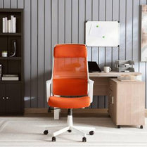 Orange office chair in a modern office setting with a desk and bookshelf.